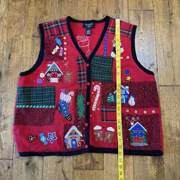Vintage Christmas Sweater Vest Knit Beaded Embroidered Buttons Size XL Ramie - Picture 3 of 5